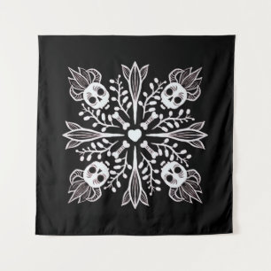 Crepy Cute Skulls - Black And White Halloween Tapestry