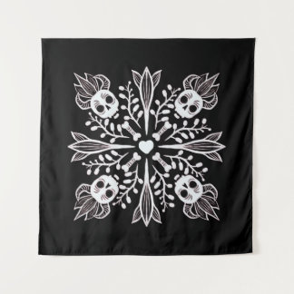 Crepy Cute Skulls - Black And White Halloween Tapestry