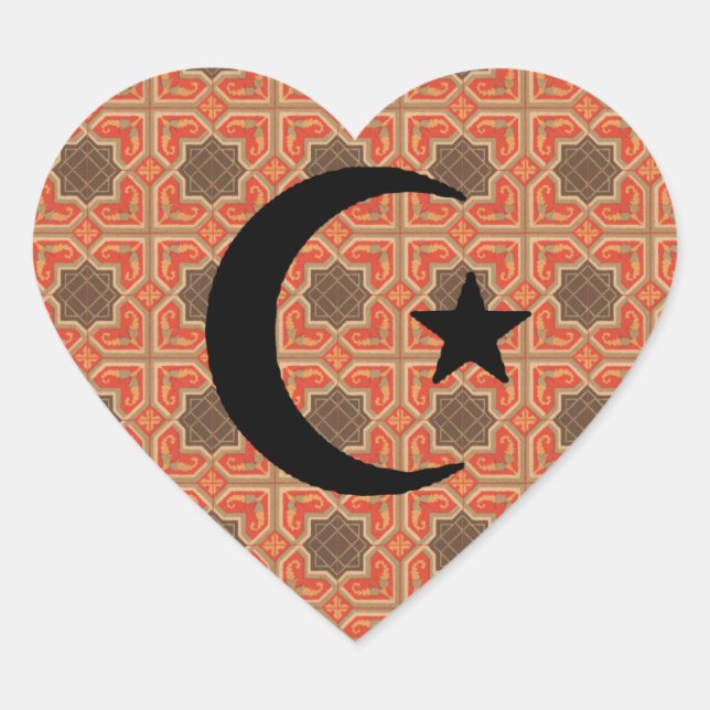 Crescent and Star with Persian Tile Background Heart Sticker (Front)