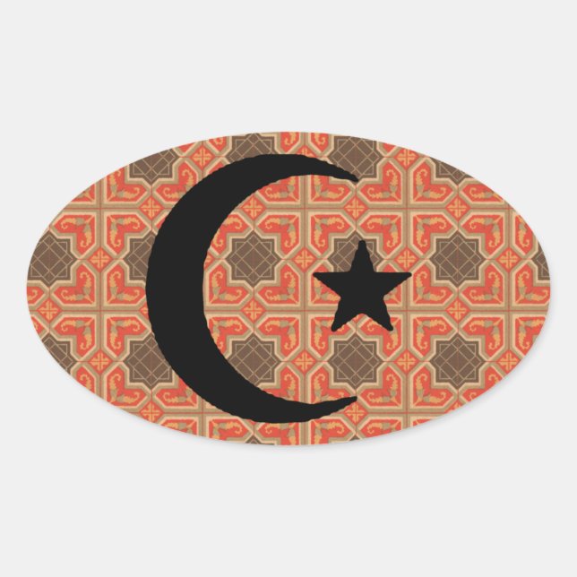 Crescent and Star with Persian Tile Background Oval Sticker (Front)