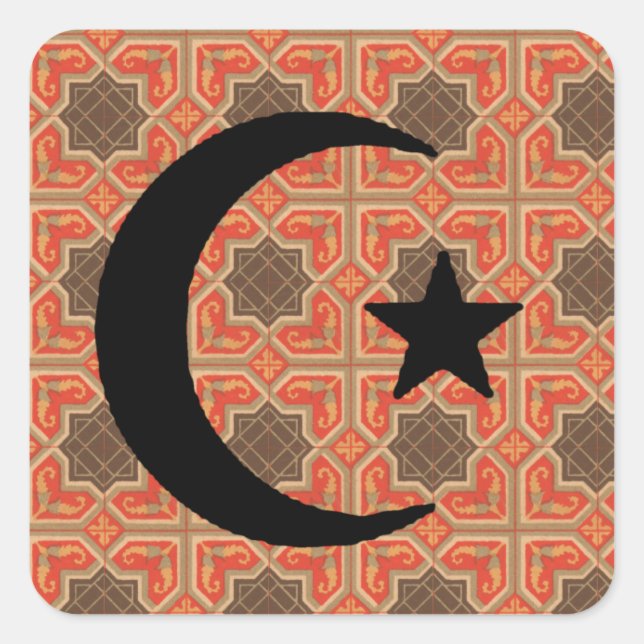 Crescent and Star with Persian Tile Background Square Sticker (Front)