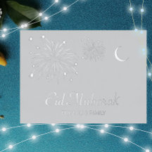 Crescent Firework Silver Foil Eid Mubarak Card