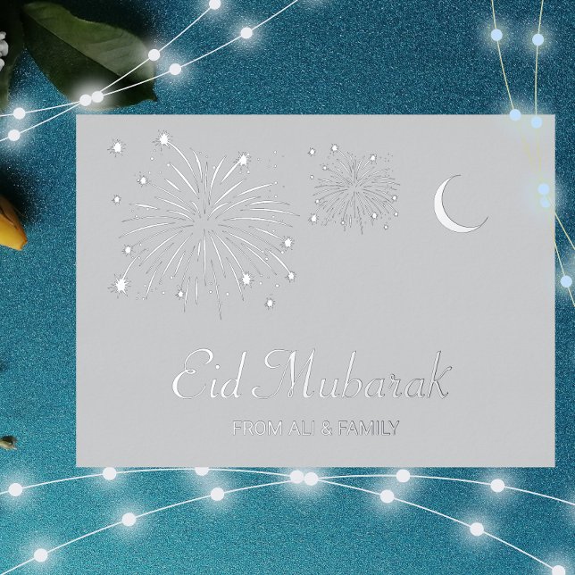 Crescent Firework Silver Foil Eid Mubarak Card (Creator Uploaded)