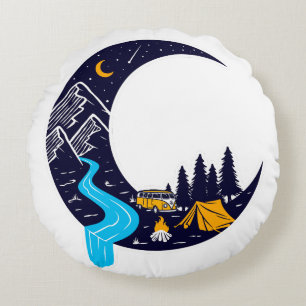 Crescent Moon Adventure Camping Round Cushion