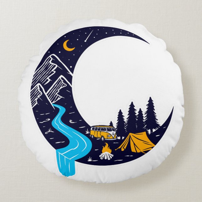 Crescent Moon Adventure Camping Round Cushion (Front)