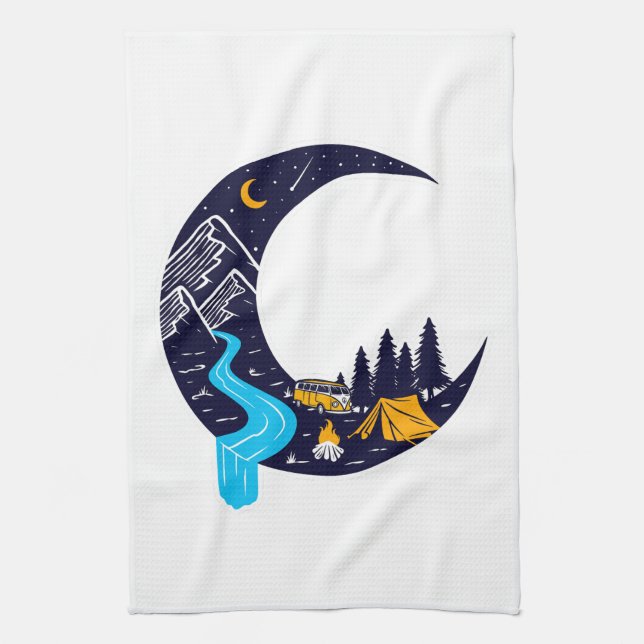 Crescent Moon Adventure Camping Tea Towel (Vertical)