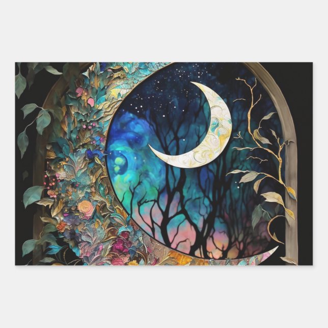 Crescent Moon Alcohol Ink Wrapping Paper Sheet (Front)