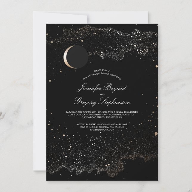 Crescent Moon and Night Stars Rehearsal Dinner Invitation (Front)