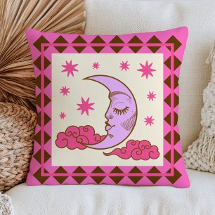 Crescent Moon and Stars BOHO Chic Pink Celestial Cushion