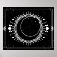 Crescent Moon and Sun with Stars Black and White