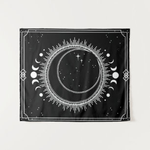 Crescent Moon and Sun with Stars Black and White Tapestry