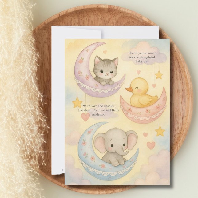 Crescent Moon Baby Animals Baby Shower New Baby Thank You Card (Crescent Moon baby animals Gender Neutral Baby Girl Baby Shower new baby thank you card)