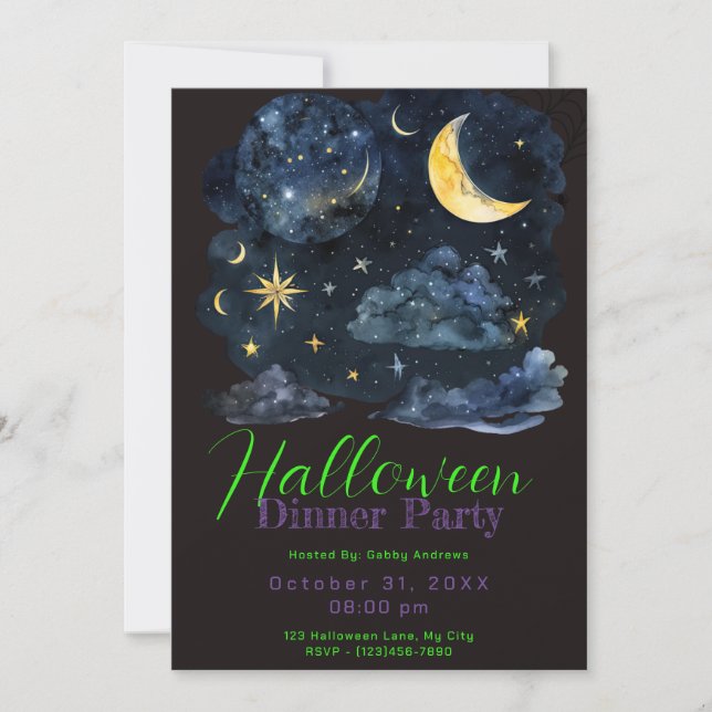 Crescent Moon Blue Clouds Halloween Dinner Party Invitation (Front)