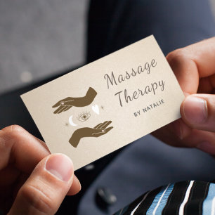 Crescent Moon & Boho Hands Massage Therapist Brown Business Card