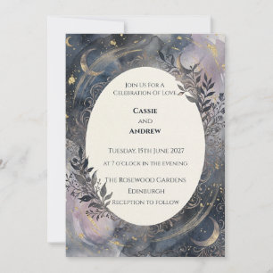 Crescent Moon Botanical Wreath Wedding Invitation