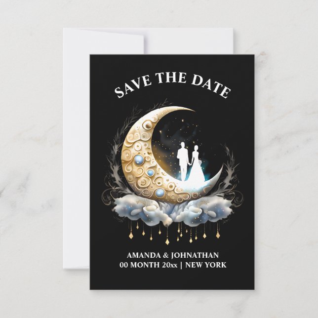 Crescent moon bridal couple silhouette celestical  save the date (Front)