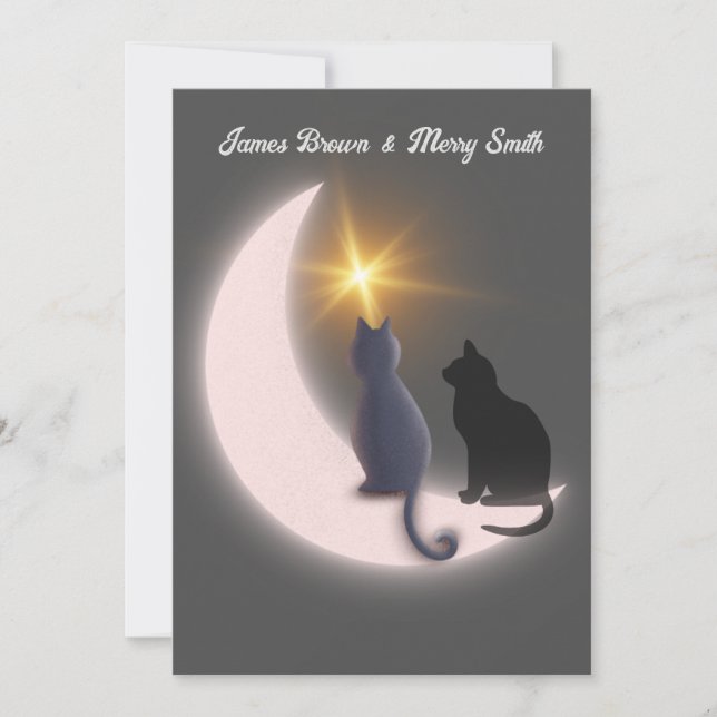 Crescent Moon Cats in Love Gold Star Wedding Invitation (Front)