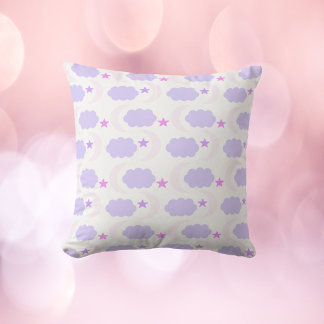 Crescent Moon Clouds Stars Pattern Pink Purple Cushion