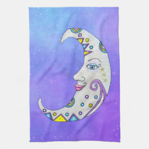 Crescent Moon Colourful Shapes Pretty Face Purple Tea Towel
