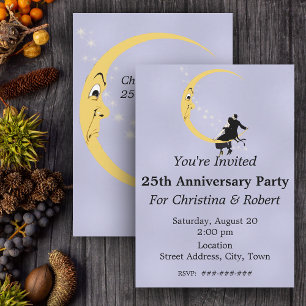 Crescent Moon Face Stars Couple Anniversary 25th Invitation