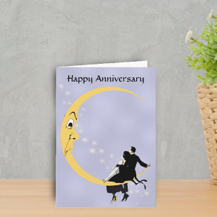 Crescent Moon Face Stars Couple Anniversary Card
