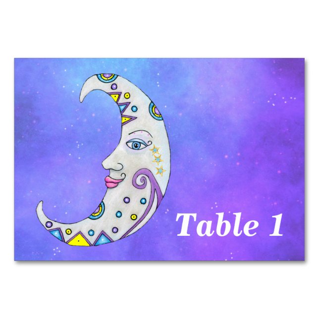 Crescent Moon Fancy Colourful Markings Purple Sky Table Number (Front)