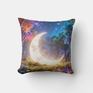 Crescent Moon Fantasy Forest Throw Pillow