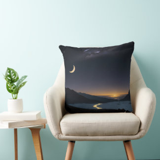 crescent moon floating in the night sky cushion