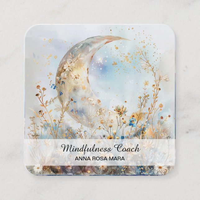 *~* Crescent Moon Flowers QR Floral AP70 Ethereal  Square Business Card (Front)