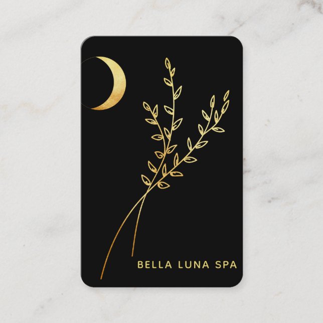 *~* Crescent Moon Glitter Gold Foil Leaves Business Card (Front)
