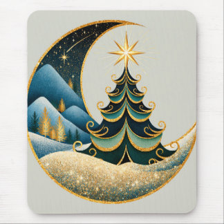 Crescent Moon Gold Winter Christmas Wonderland Mouse Mat