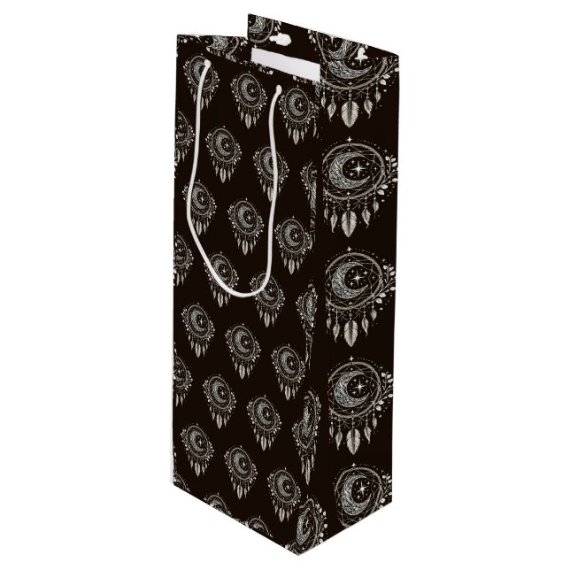 Crescent Moon Golden Dream Catcher on black Wine Gift Bag (Front Angled)