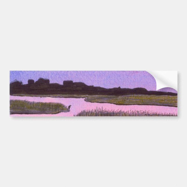 Crescent Moon & Heron in Twilight Marsh Bumper Sticker (Front)