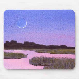 Crescent Moon & Heron in Twilight Marsh Mouse Mat
