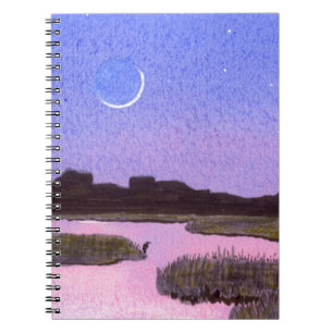 Crescent Moon & Heron in Twilight Marsh Notebook