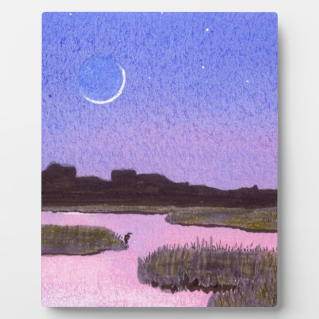 Crescent Moon & Heron in Twilight Marsh Plaque (Front)