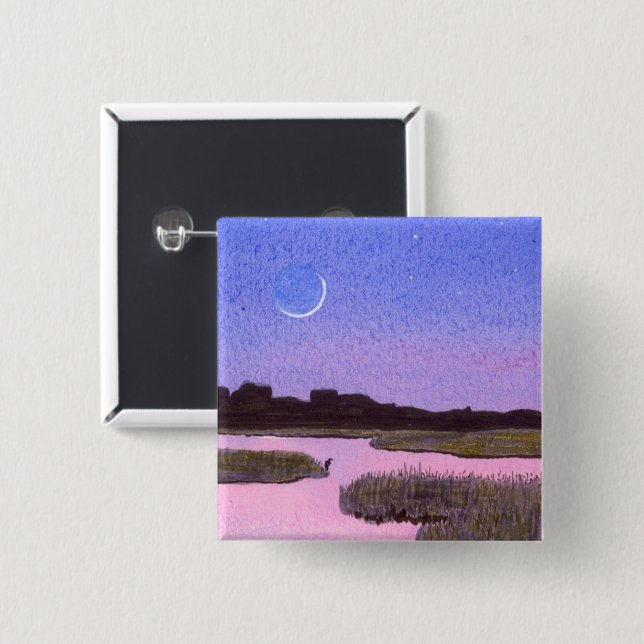 Crescent Moon & Heron Twilight Marsh 15 Cm Square Badge (Front & Back)