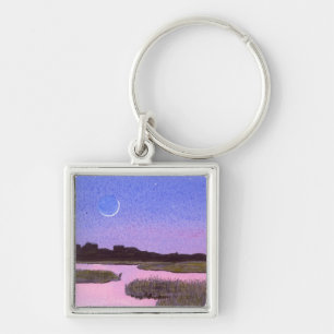 Crescent Moon & Heron Twilight Marsh Key Ring