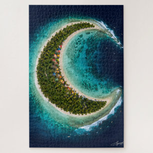 Crescent Moon Island with Surfers Satellite View Jigsaw Puzzle