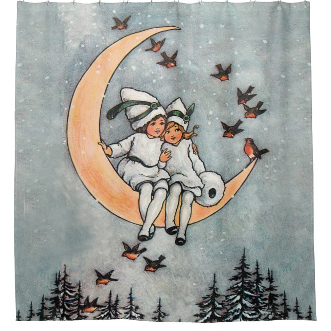 Crescent Moon Kids Snowy Vintage Christmas  Shower Curtain (Front)