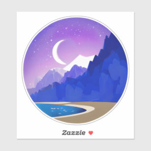 Crescent Moon, Lake and Mountains in Violet & Blue