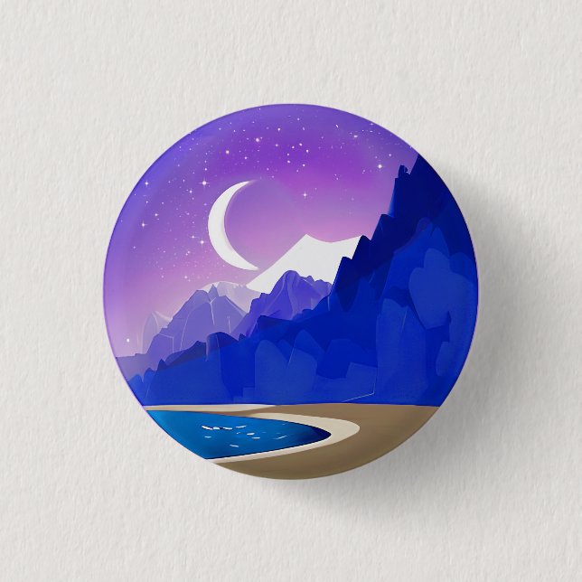 Crescent Moon, Lake and Mountains in Violet & Blue 3 Cm Round Badge (Front)