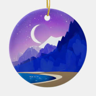Crescent Moon, Lake and Mountains in Violet & Blue Ceramic Tree Decoration
