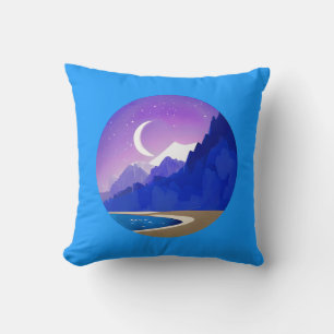 Crescent Moon, Lake and Mountains in Violet & Blue Cushion