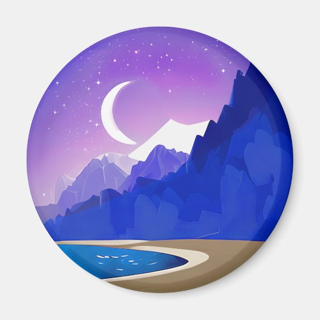 Crescent Moon, Lake and Mountains in Violet & Blue Magnet (Front)