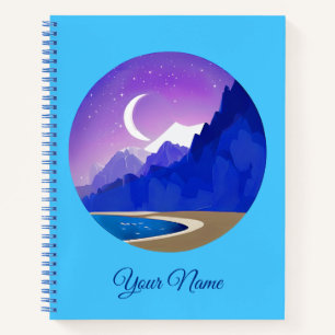 Crescent Moon, Lake and Mountains in Violet & Blue Notebook