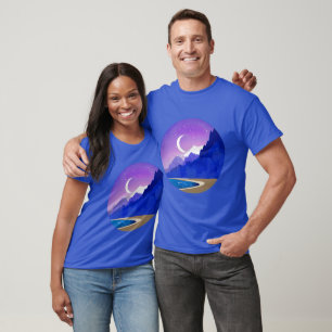 Crescent Moon, Lake and Mountains in Violet & Blue T-Shirt