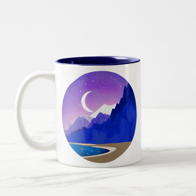 Crescent Moon, Lake and Mountains in Violet & Blue Two-Tone Coffee Mug (Left)