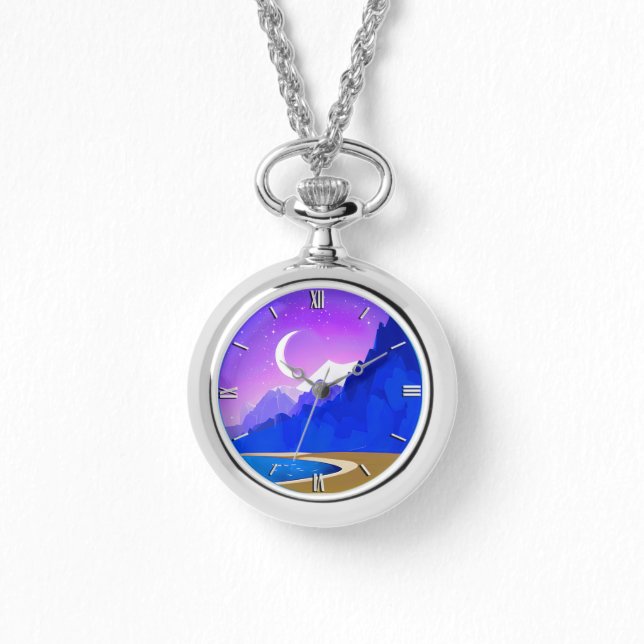 Crescent Moon, Lake & Mountains in Violet & Blue Watch (Front)