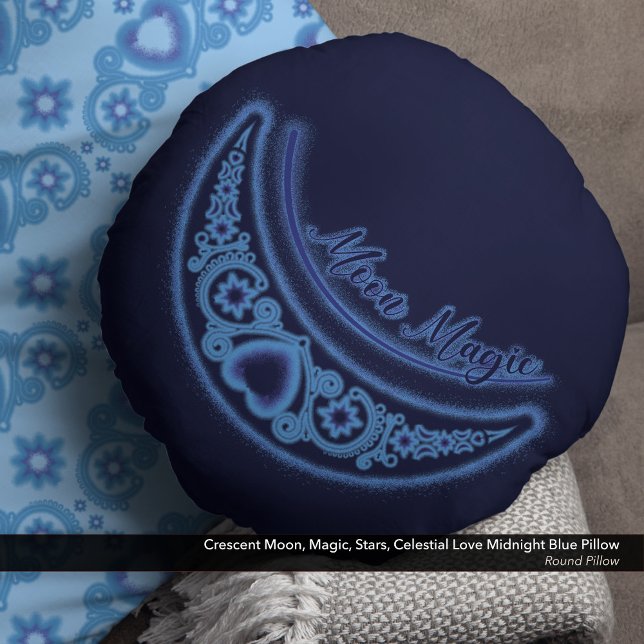 Crescent Moon Magic Stars Celestial Midnight Blue Round Cushion (Crescent Moon Magic Stars Celestial Love Midnight Blue Round Pillow)